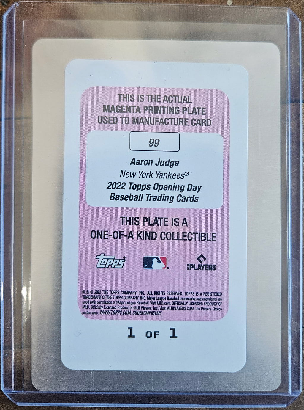 2022 Topps Opening Day Aaron Judge Magenta Printing Plate 1 of 1