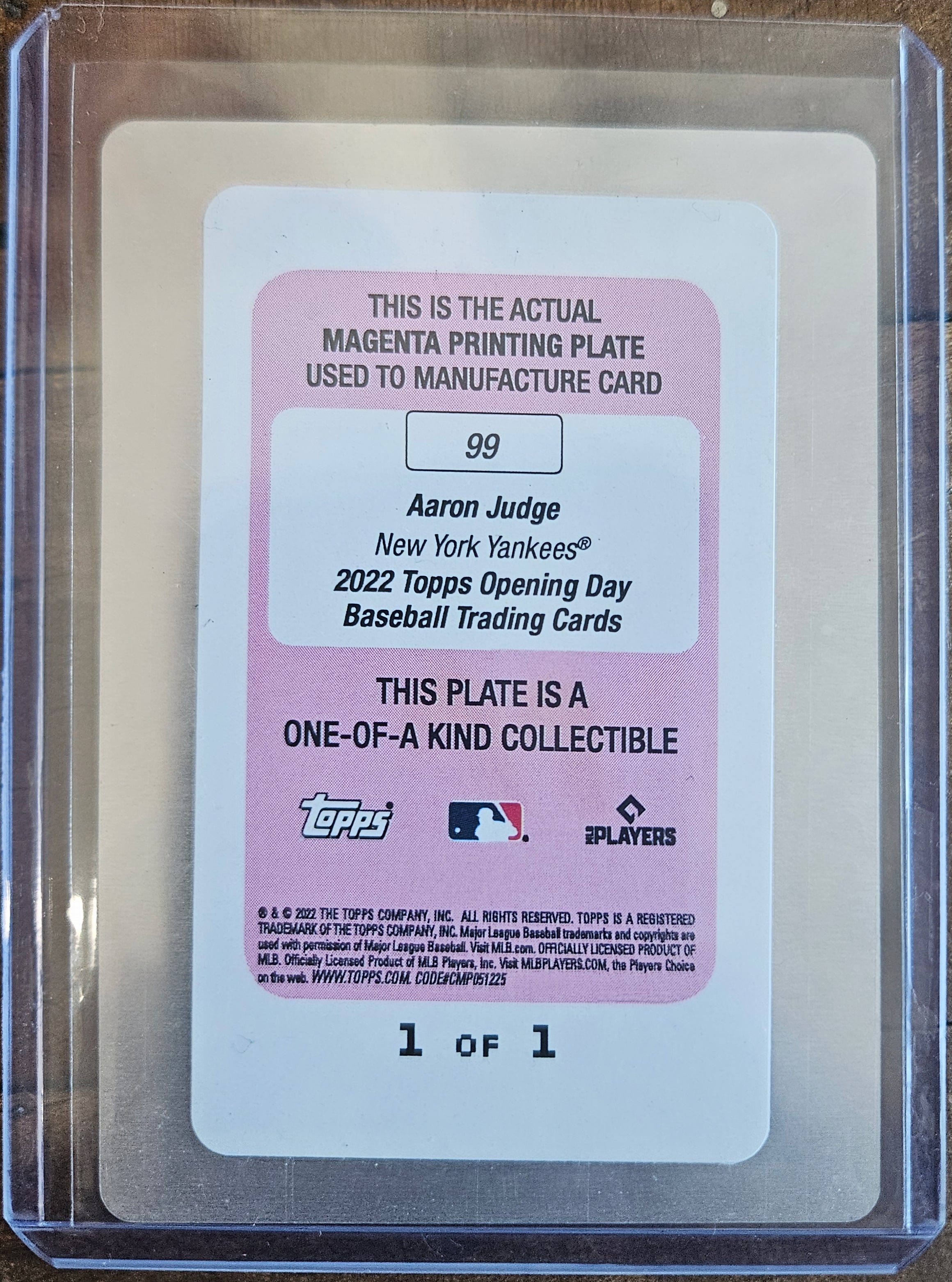 2022 Topps Opening Day Aaron Judge Magenta Printing Plate 1 of 1